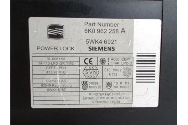Recambio de centralita para seat cordoba berlina (6k2) 1.9 sport referencia OEM IAM 6K0962258A 5WK46921 