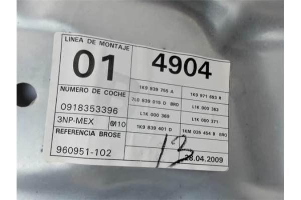 Recambio de elevalunas electrico trasero izquierdo para volkswagen golf v variant (1k5) referencia OEM IAM 1K9839755A  