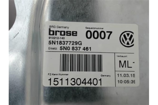 Recambio de elevalunas electrico delantero izquierdo para volkswagen tiguan (5n2) referencia OEM IAM 5N0837461  