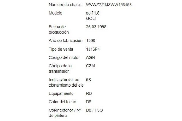 volkswagen golf iv berlina (1j1) del año 1998