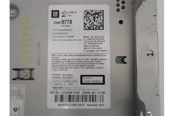 Recambio de radio / cd para opel astra j berlina 5p 1.6 excellence referencia OEM IAM 23499778  