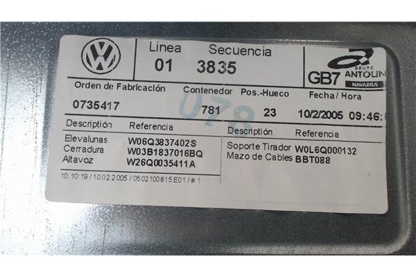 Recambio de elevalunas electrico delantero derecho para volkswagen polo iv (9n1) 1.4 16v referencia OEM IAM w06q3837402s  