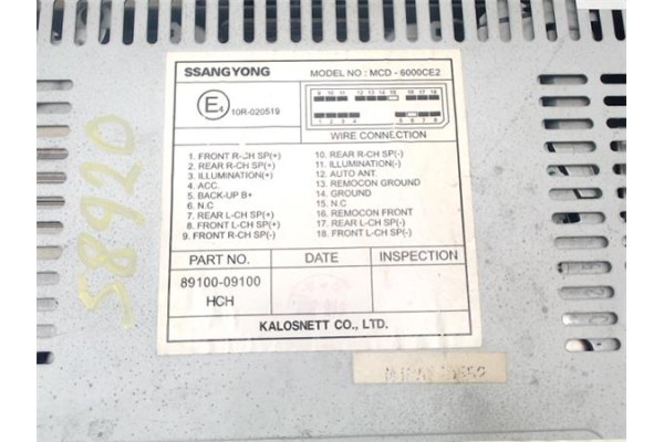 Recambio de radio / cd para ssangyong actyon 2.0 200 xdi referencia OEM IAM 8910009101HCH MCD6000CE2 