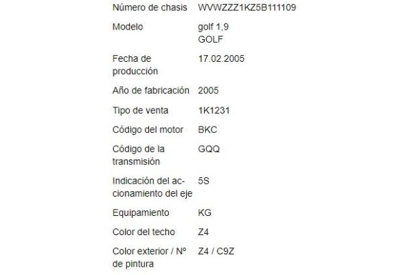 volkswagen golf v (1k1) del año 2005