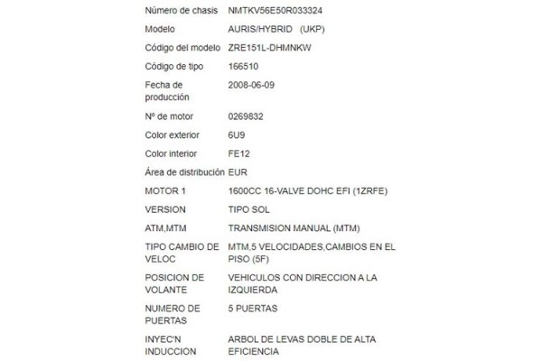 toyota auris (e15) del año 2008