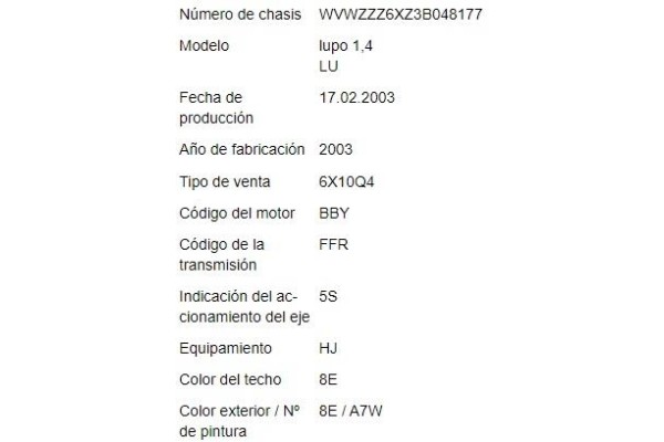 volkswagen lupo (6x1/6e1) del año 2003
