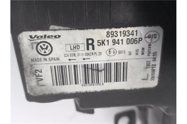Recambio de faro delantero dcho para volkswagen golf vi (5k1) 1.6 advance referencia OEM IAM 5K1941006P 89319341 