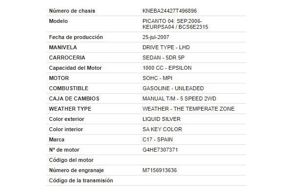kia picanto (sa) del año 2007