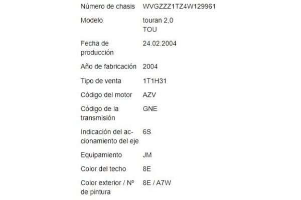 volkswagen touran (1t1) del año 2004