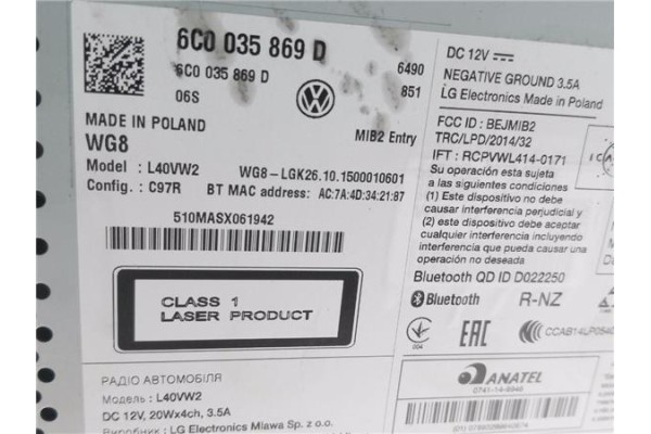 Recambio de autoradio para volkswagen polo v (6c1) 1.4 advance bmt referencia OEM IAM 6C0035869D  