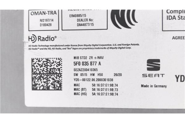 Recambio de navegador para seat ateca (khp) 1.5 style referencia OEM IAM 5F0035877A  