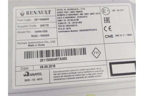 Recambio de autoradio para dacia sandero stepway 2017-2020 1.0 sce stepway 75 (b8jc, b8jd) referencia OEM IAM 281156864R  
