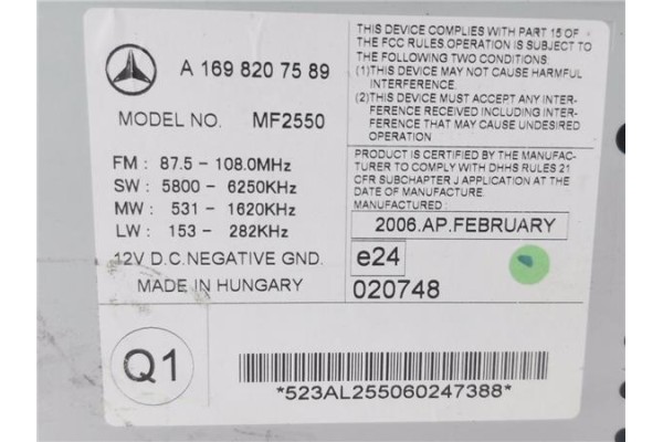 Recambio de autoradio para mercedes-benz clase a (bm 169) 2.0 a 200 cdi (169.008) referencia OEM IAM A1698207589 MF2550 