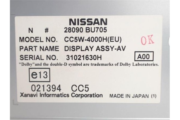 Recambio de pantalla para nissan almera tino (v10m) referencia OEM IAM 28090BU705  