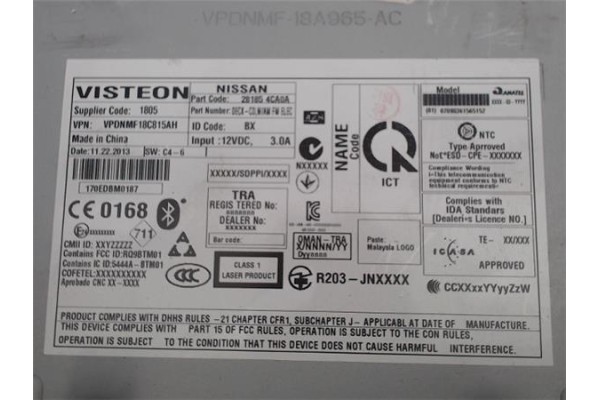 Recambio de radio / cd para nissan qashqai ii (j11e) referencia OEM IAM VPDNMF18C815AH 28185-4CA0A 